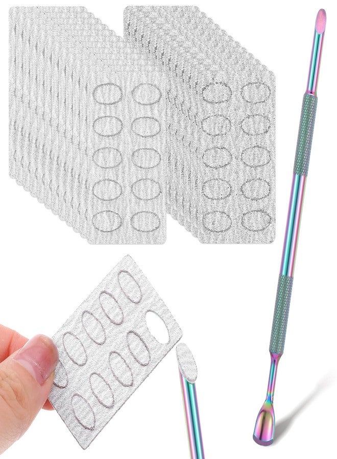 Kifmurase Dual Ended Nail Cuticle Pusher and 100 Pcs Self-Adhesive Sandpaper Sheets, Stainless Steel Nail Pusher Slant Heads Nails Art Pre Polishing Sandpaper for Removing Nails Keratinizer - Image 1